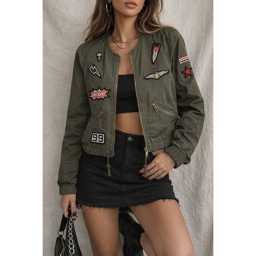 Freebird‎ Patch Bomber Jacket Womens M Olive Military Utility Y2K Streetwear - Picture 2 of 16